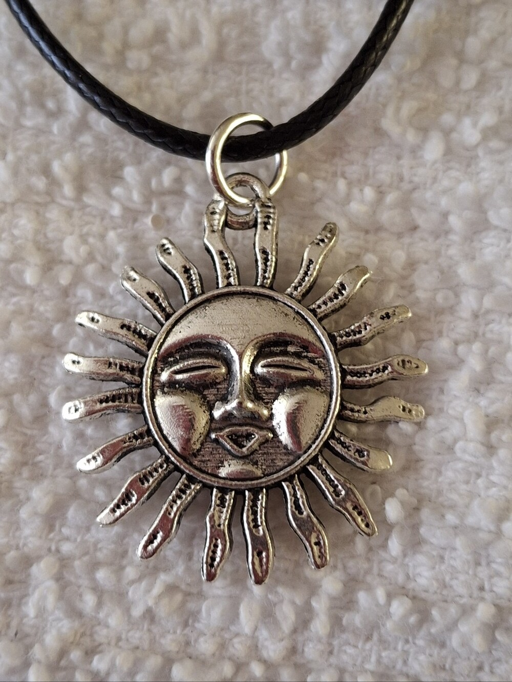 Silver Sun Face Pendant With Black Corded Necklace